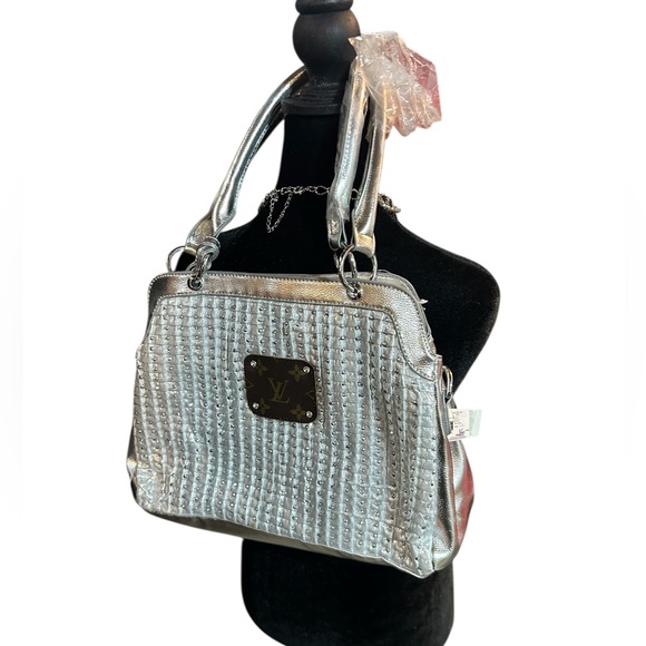 Handbags - NEW Shiny Silver Purse with Authentic Designer Patch NEW & COA